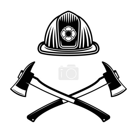 Illustration for Firefighter helmet and two crossed axes vector illustration in monochrome style isolated on white - Royalty Free Image