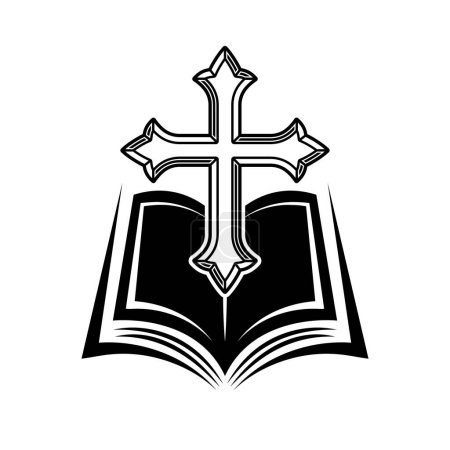 Ilustración de Biblia libro abierto silueta y la ilustración del vector de cruz cristiana en estilo negro sobre fondo blanco - Imagen libre de derechos