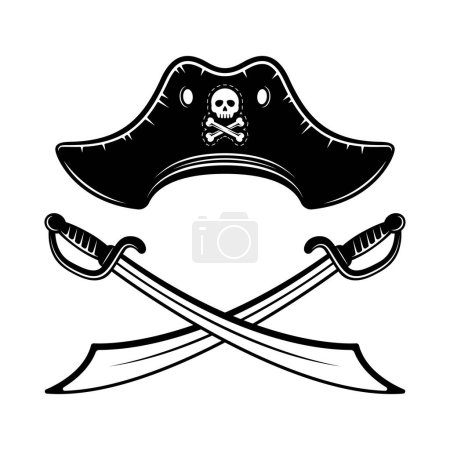 Ilustración de Sombrero pirata y dos sables cruzados vector ilustración estilo monocromo en objetos gráficos aislados en blanco - Imagen libre de derechos