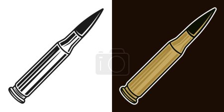 Ilustración de Objetos vectoriales de bala en dos estilos negro sobre blanco y coloreado sobre fondo oscuro - Imagen libre de derechos