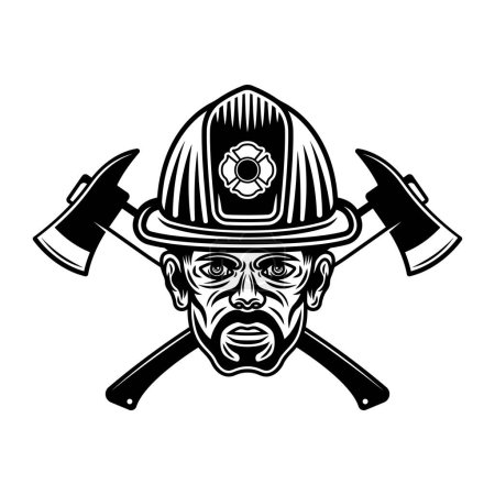 Téléchargez les illustrations : Tête de pompier en casque de pompier et deux axes croisés illustration vectorielle de caractère dans un style monochrome isolé sur blanc - en licence libre de droit