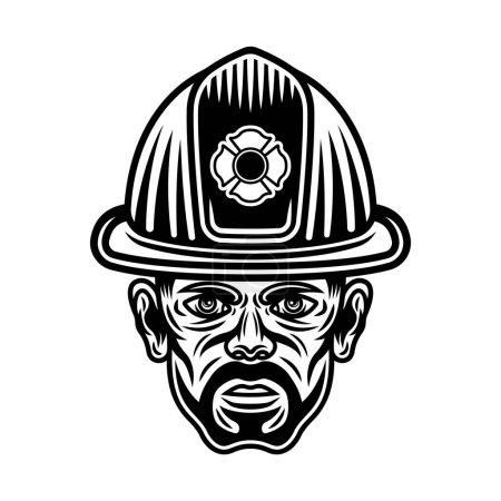Illustration for Fireman head in firefighter helmet character vector illustration in monochrome style isolated on white - Royalty Free Image
