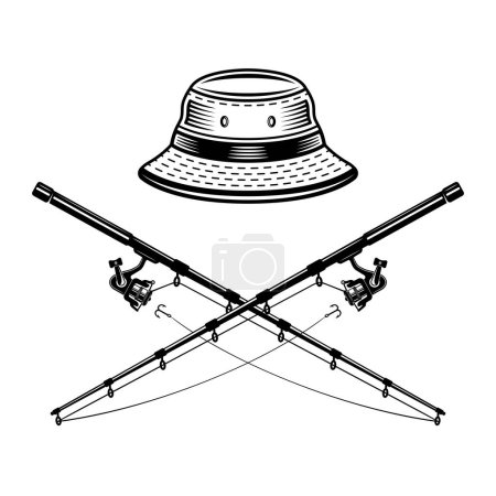 Illustration for Bucket hat and two crossed fishing rods vector monochrome style illustration on graphic objects isolated on white - Royalty Free Image
