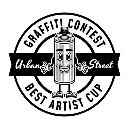 Illustration for Graffiti contest vector monochrome emblem, badge, label or logo with spray paint can smiling character isolated on white - Royalty Free Image