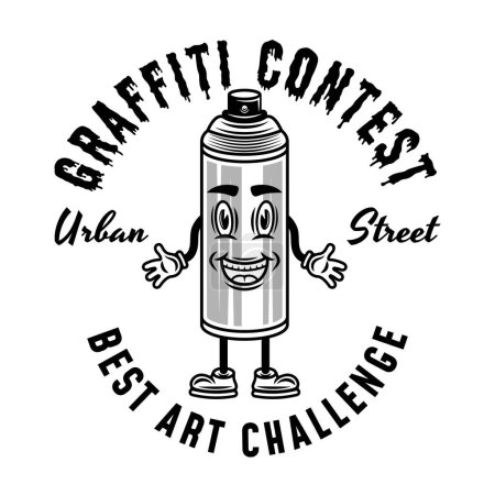 Ilustración de Graffiti concurso vector monocromo emblema, insignia, etiqueta o logotipo con pintura en aerosol puede sonreír carácter aislado en blanco - Imagen libre de derechos