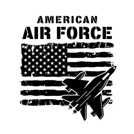 Ilustración de Ilustración vectorial de la fuerza aérea americana en estilo monocromo con bandera de EE.UU. y aviones de combate aislados sobre fondo blanco - Imagen libre de derechos
