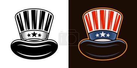 Téléchargez les illustrations : Illustration vectorielle de chapeau de cylindre américain en deux styles noir sur blanc et coloré sur fond sombre - en licence libre de droit