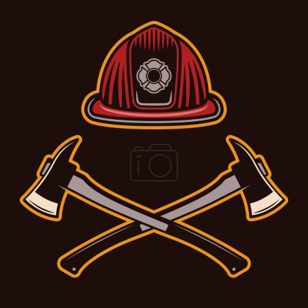 Téléchargez les illustrations : Casque de pompier et deux axes croisés illustration vectorielle dans un style coloré sur fond sombre - en licence libre de droit