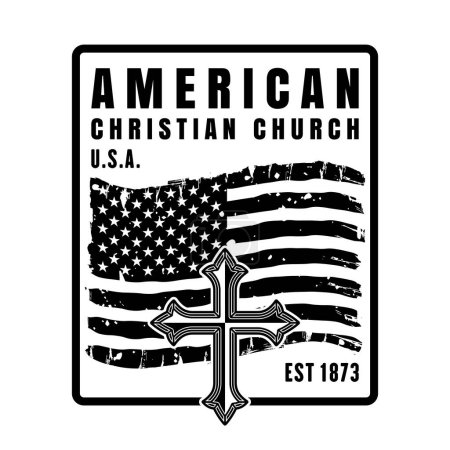 Ilustración de Ilustración del vector de la iglesia cristiana americana, emblema de religión o impresión con bandera de EE.UU. y cruz sobre fondo blanco - Imagen libre de derechos