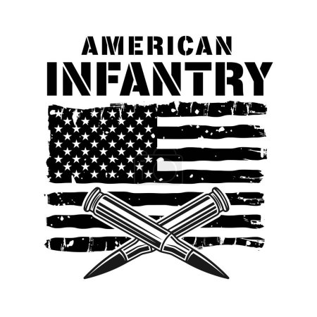 Ilustración de Infantería americana fuerzas especiales vector ilustración en estilo monocromo con bandera de EE.UU. y balas aisladas sobre fondo blanco - Imagen libre de derechos