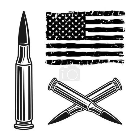 Ilustración de Balas y banderas americanas conjunto de objetos vectoriales o elementos de diseño en estilo monocromo aislados en blanco - Imagen libre de derechos