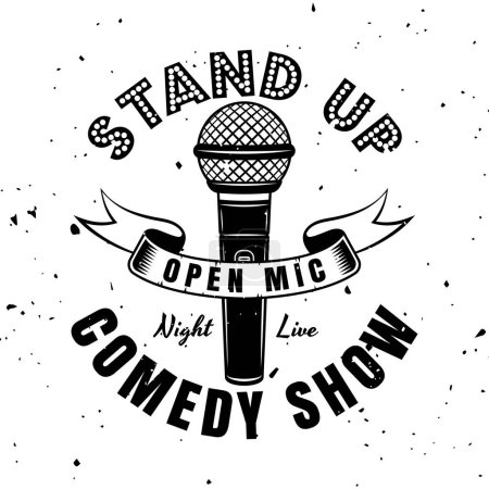 Ilustración de Stand up comedy mostrar emblema vectorial, insignia, etiqueta, sello o logotipo en estilo monocromo vintage aislado sobre fondo blanco con textura - Imagen libre de derechos