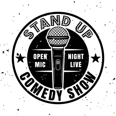 Illustration for Stand up comedy show vector emblem, badge, label, stamp or logo in vintage monochrome style isolated on white background with texture - Royalty Free Image