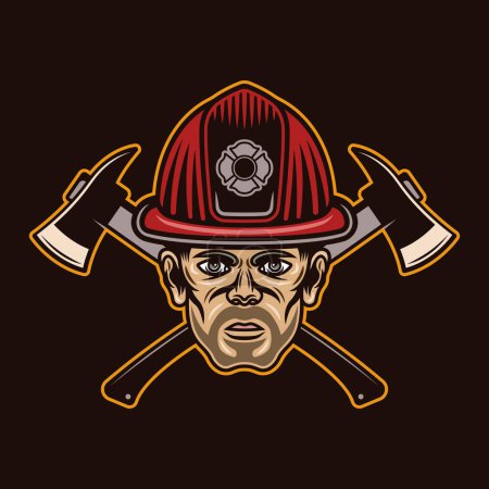 Illustration for Fireman head in firefighter helmet and two crossed axes vector illustration in colored style isolated on dark background - Royalty Free Image