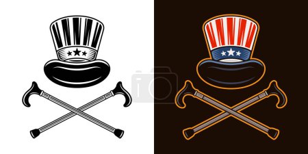 Téléchargez les illustrations : Chapeau de cylindre américain et illustration vectorielle de cannes croisées en deux styles noir sur blanc et coloré sur fond sombre - en licence libre de droit