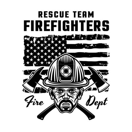 Illustration for Firefighters vector emblem, logo, badge or label design illustration in monochrome style with fireman and american flag isolated on white - Royalty Free Image