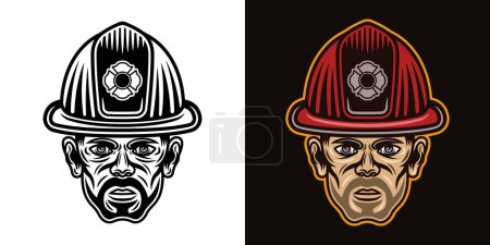 Illustration for Fireman head in firefighter helmet character vector illustration, two styles black on white and colorful - Royalty Free Image