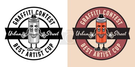 Ilustración de Concurso de graffiti emblemas vectoriales, insignias, etiquetas o logotipos con pintura en aerosol puede sonreír personaje en dos estilos negro sobre blanco y colorido - Imagen libre de derechos