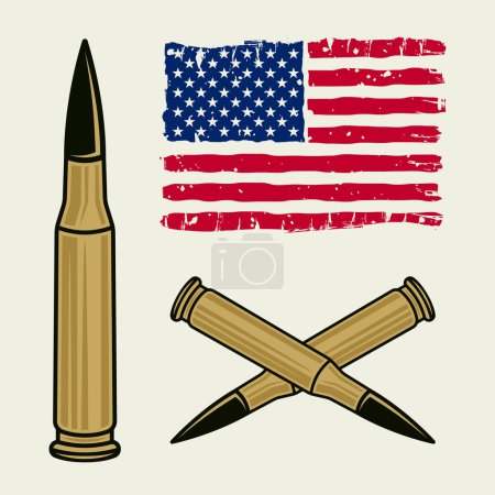 Ilustración de Balas y bandera americana conjunto de objetos vectoriales o elementos de diseño en estilo de color sobre fondo claro - Imagen libre de derechos