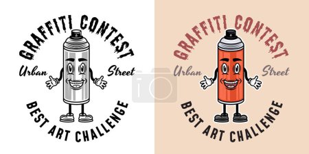 Illustration for Graffiti contest vector emblems, badges, labels or logos with spray paint can character in two styles black on white and colored - Royalty Free Image