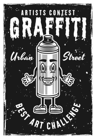 Illustration for Graffiti contest vintage black poster template with spray paint can character vector illustration. Layered, separate grunge texture and text - Royalty Free Image