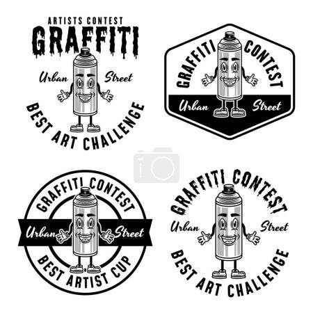 Ilustración de Concurso de graffiti conjunto de emblemas vectoriales monocromáticos, insignias, etiquetas o logotipos con pintura en aerosol puede sonreír carácter aislado en blanco - Imagen libre de derechos