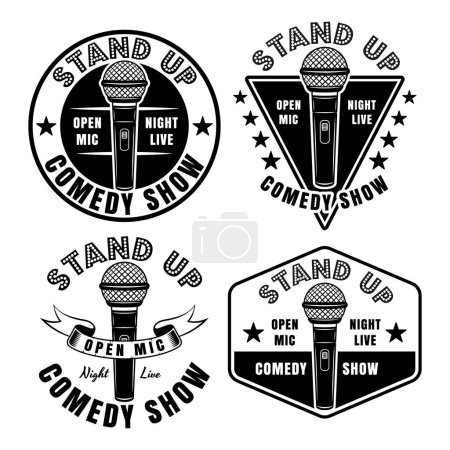 Illustration for Stand up comedy show set of vector emblems, badges, labels, stamps or logos in vintage monochrome style isolated on white - Royalty Free Image