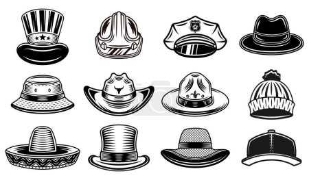 Téléchargez les illustrations : Chapeaux ensemble d'objets vectoriels ou d'éléments de style noir et blanc - en licence libre de droit
