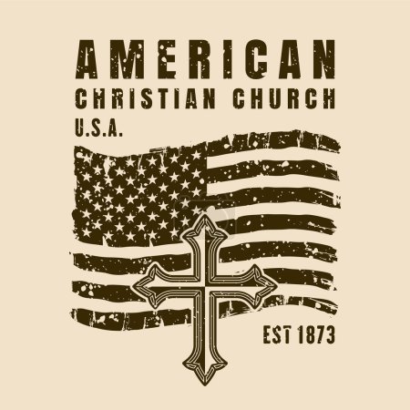 Illustration for American christian church, religion emblem or print with usa flag and cross. Vector illustration in retro style with textures - Royalty Free Image