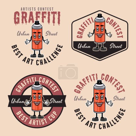 Illustration for Graffiti contest set of vector colored emblems, badges, labels or logos with spray paint can character on light background - Royalty Free Image