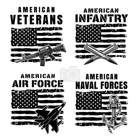 Ilustración de Conjunto de ilustraciones vectoriales de fuerzas americanas en estilo monocromo con bandera estadounidense y armas aisladas en blanco - Imagen libre de derechos