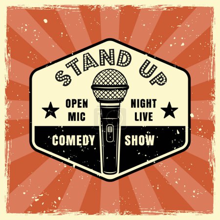 Illustration for Stand up comedy show emblem, badge, label, logo in vintage colored style. Vector illustration with textures on separate layers - Royalty Free Image