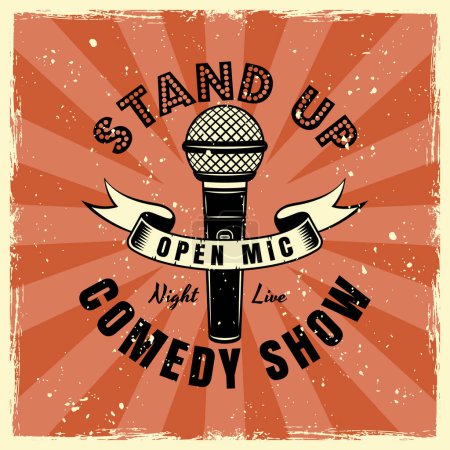 Illustration for Stand up comedy show emblem, badge, label, logo in vintage colored style. Vector illustration with textures on separate layers - Royalty Free Image