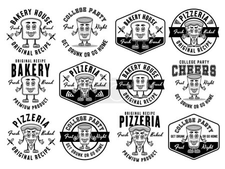 Ilustración de Alimentos y bebidas personajes de dibujos animados conjunto de emblemas vectoriales, insignias, etiquetas o logotipos en estilo monocromo aislado en blanco - Imagen libre de derechos