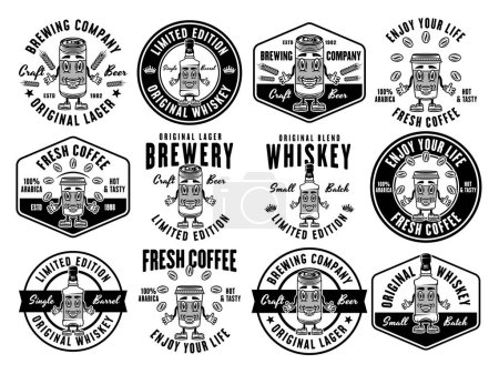 Ilustración de Bebidas personajes de dibujos animados conjunto de emblemas vectoriales, insignias, etiquetas o logotipos en estilo monocromo aislado en blanco - Imagen libre de derechos