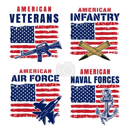 Ilustración de Fuerzas estadounidenses conjunto de ilustraciones vectoriales en estilo de color con bandera de EE.UU. y armas aisladas en blanco - Imagen libre de derechos