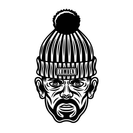Illustration for Lumberjack head in knitted hat with bristle. Vector character illustration in vintage monochrome style isolated on white - Royalty Free Image