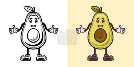 Illustration for Avocado smiling cartoon character with hands and legs. Vector illustration in two styles black on white and colored - Royalty Free Image