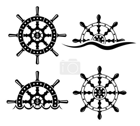 Illustration for Rudder wheels set of vector objects or design elements in black style isolated on white background - Royalty Free Image