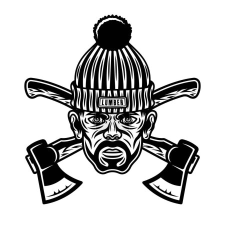 Illustration for Lumberjack head in knitted hat with bristle and two crossed axes. Vector character illustration in vintage monochrome style isolated on white - Royalty Free Image