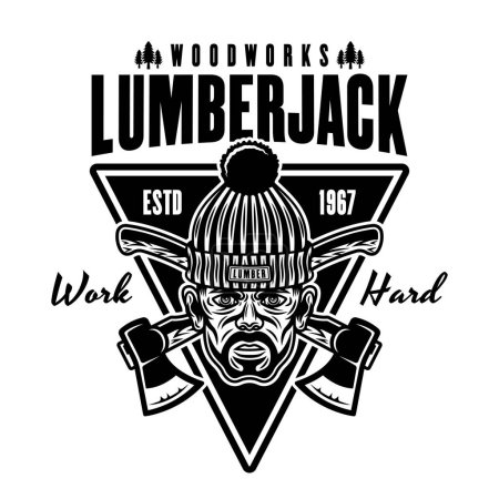 Illustration for Lumberjack head in knitted hat and crossed axes vector emblem in vintage monochrome style isolated on white - Royalty Free Image