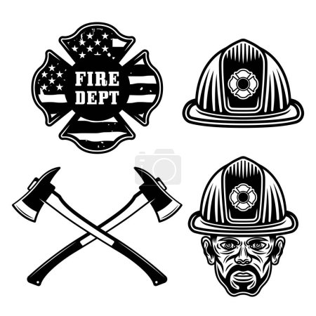 Illustration for Firefighter objects set of vector elements in vintage monochrome style isolated on white - Royalty Free Image