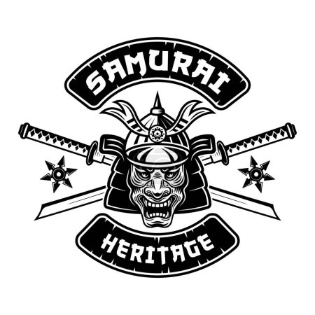 Illustration for Samurai vector monochrome emblem, badge, label, logo isolated on white - Royalty Free Image