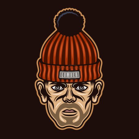 Illustration for Lumberjack head in knitted hat with bristle. Vector character illustration in colorful style on white background - Royalty Free Image