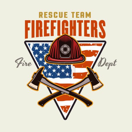 Ilustración de Emblema de vector de bomberos, logotipo, insignia o diseño de etiqueta ilustración en estilo colorido con bombero y bandera americana sobre fondo claro - Imagen libre de derechos