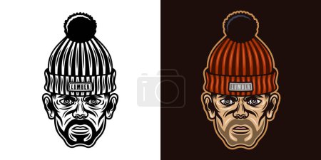 Illustration for Lumberjack head in knitted hat with bristle two styles black on white and colored on dark background vector illustration - Royalty Free Image
