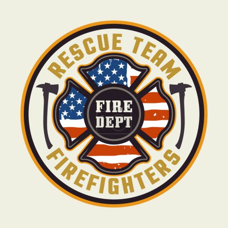 Ilustración de El emblema redondo del vector de los bomberos, logotipo, insignia o ilustración del diseño de la etiqueta en estilo colorido en fondo claro - Imagen libre de derechos