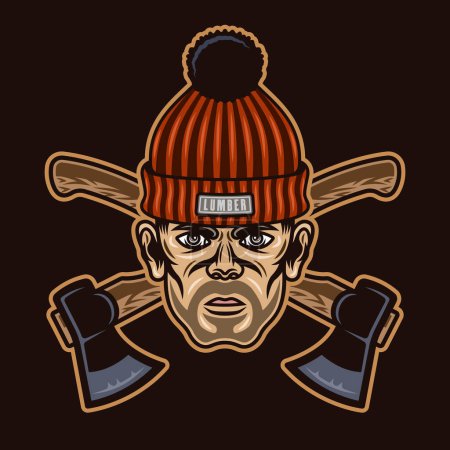 Illustration for Lumberjack head in knitted hat with bristle and two crossed axes. Vector illustration in colored style on dark background - Royalty Free Image