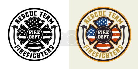 Illustration for Firefighters vector round emblem, logo, badge or label design illustration in two styles black on white and colorful - Royalty Free Image