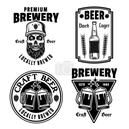 Téléchargez les illustrations : Bière et brasserie ensemble d'emblèmes vectoriels, étiquettes, badges ou logos dans un style vintage monochrome isolé sur blanc - en licence libre de droit